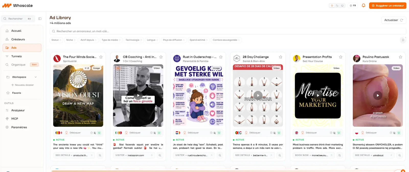 Bibliothèque de publicités Meta dans Whoscale, filtrée par niche infopreneur — spy tool publicité infoproduit